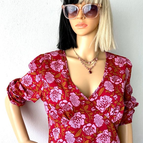 RedFloral Babydoll Minidress | NASTY GAL | Long Sleeve Fall Dress | Size 8 Dress - Picture 6 of 10